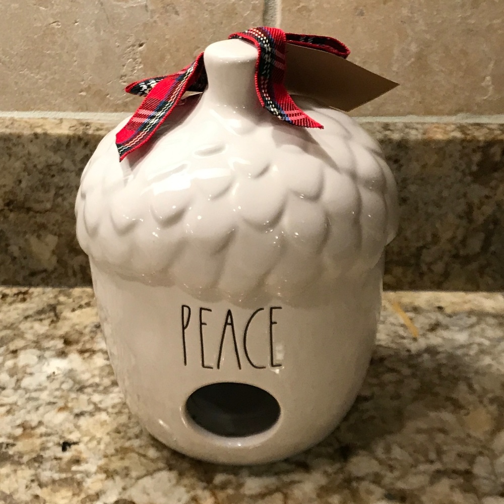 Rae Dunn PEACE Acorn Birdhouse Red Ribbon